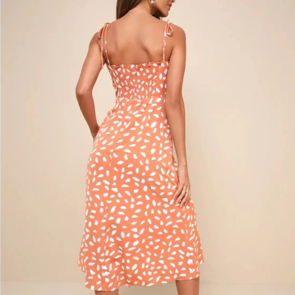 Lulus Party In Paris Light Orange Print Tie-strap Midi Dress - Size S - Picture 3 of 7
